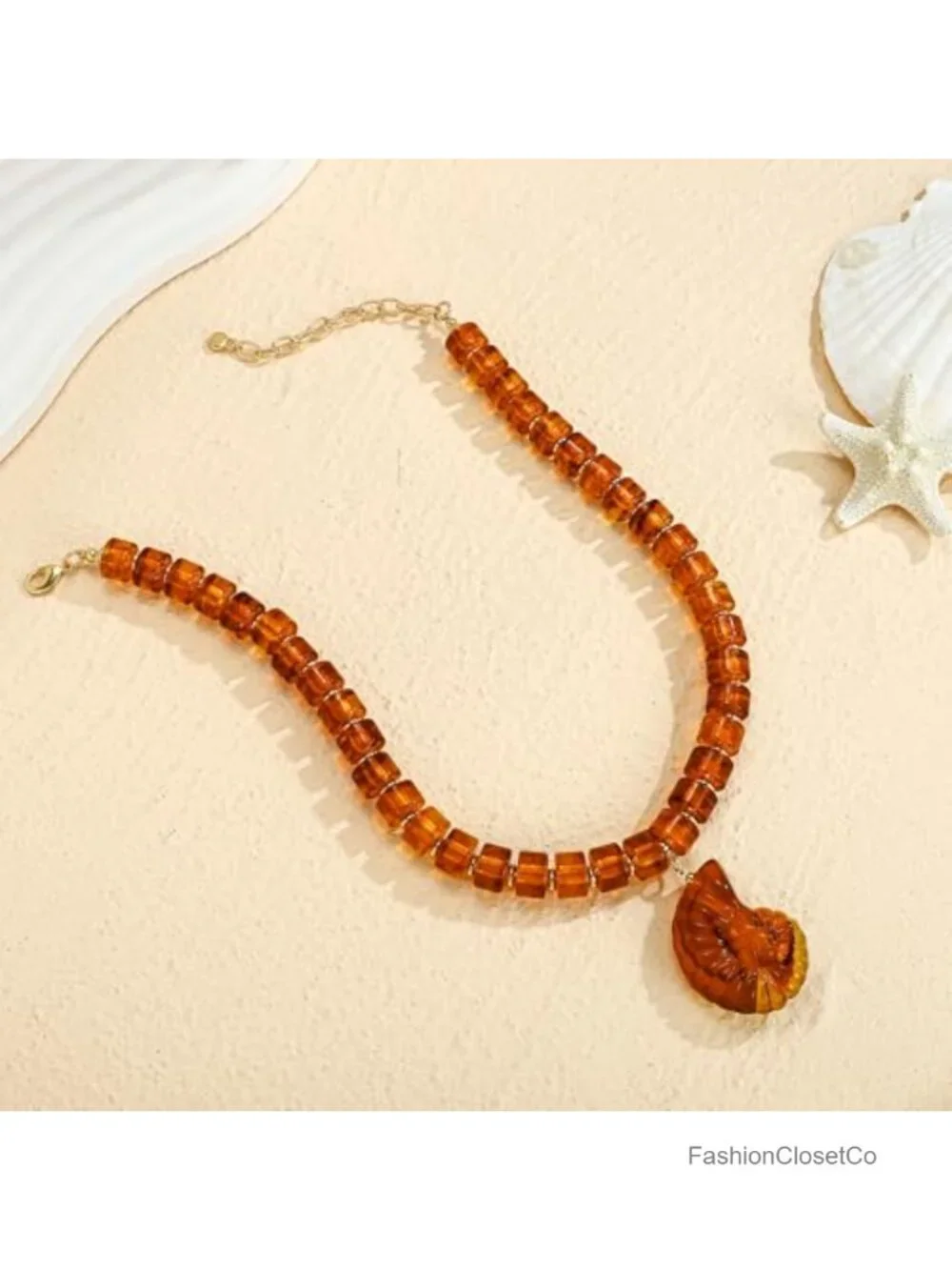 Chunky Beaded Conch Shell Pendant Necklace with Gold Shell Charm, Adjustable